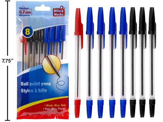 O.WKs. 8-pc 6.25" Ball Pens, 4 black, 3 blue, 1 red(HZ)