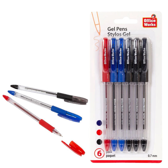 O.WKs. 6-Pc Gel Pens, b/c 1 Red, 2 Blue, 3 Black
