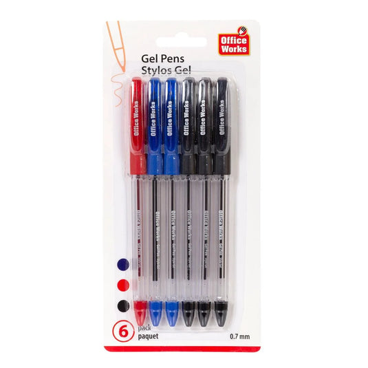 O.WKs. 6-Pc Gel Pens, b/c 1 Red, 2 Blue, 3 Black