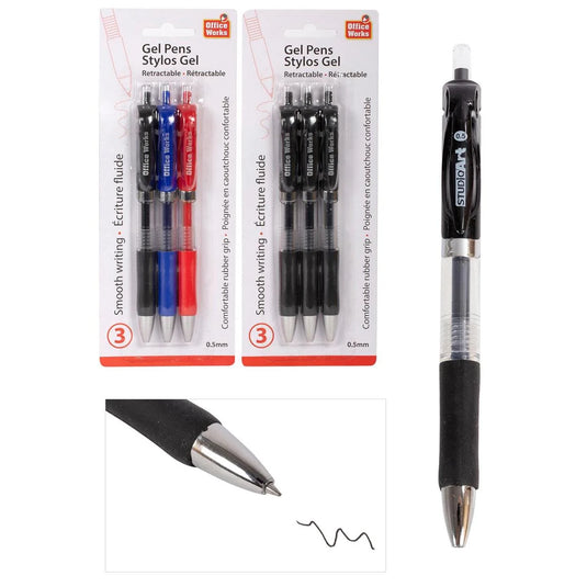 O.WKs. 3-pc Retractable Gel pen, 2 styl, Red,Black&Blue Ink, B/C