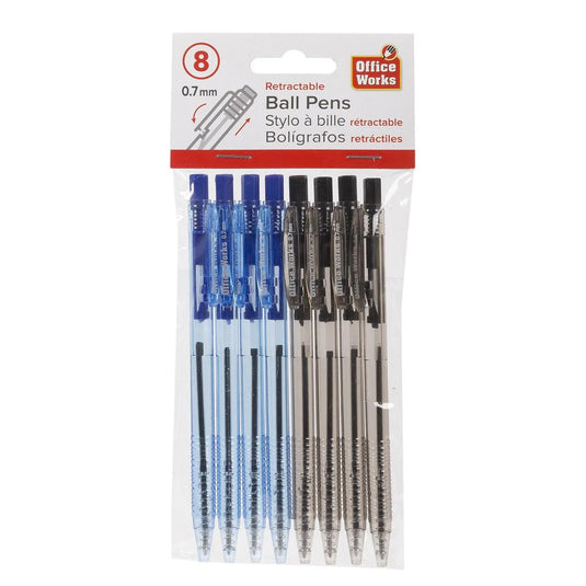 O.WKs. Retractable Ball Pen, 8-pc.,Blue & Black, pbh