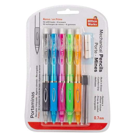O.WKs. 5-Pc 0.7 Mechanical Pencil w/Comfort Grip, clam pack