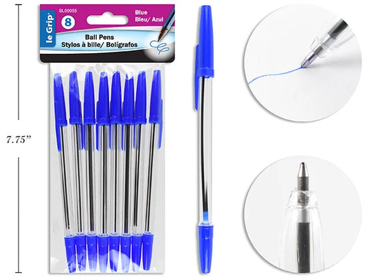 8 BLUE INK PENS CLEAR BARREL
