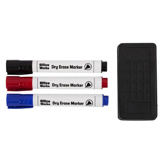 O.WKs. 4 pcs Dry Erase Marker set 3 colours, Red/Blue/Blk