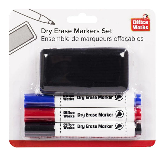 O.WKs. 4 pcs Dry Erase Marker set 3 colours, Red/Blue/Blk