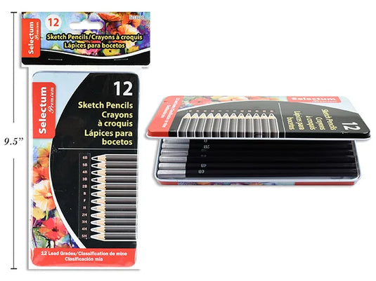 12 SKETCH PENCILS ASST GRADES IN TIN BOX B, 2B, 3B, 4B, 5B, 6B, H, 2H, 3H, 4H, 5H, F