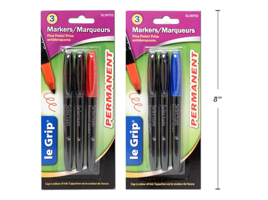 3 PK BULLET TIP PERMANENT MARKERS 2 BLK + 1 BLUE 2 BLACK + 1 RED