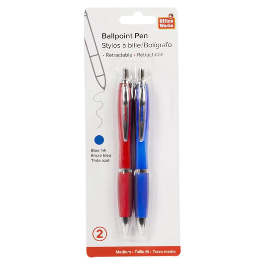 O.WKs. 2-pc Retractable Ball Pens, Blue,Red w/Soft Grip (HZ)