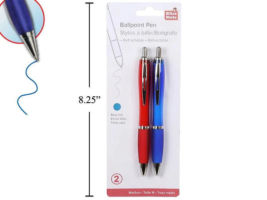 O.WKs. 2-pc Retractable Ball Pens, Blue,Red w/Soft Grip (HZ)