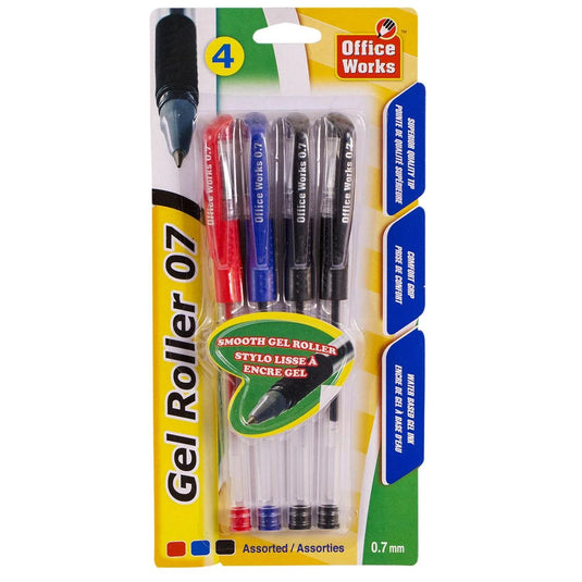 O.WKs. 4-pc. 0.7mm Gel Roller Ball Pen, Blue, Black & Red