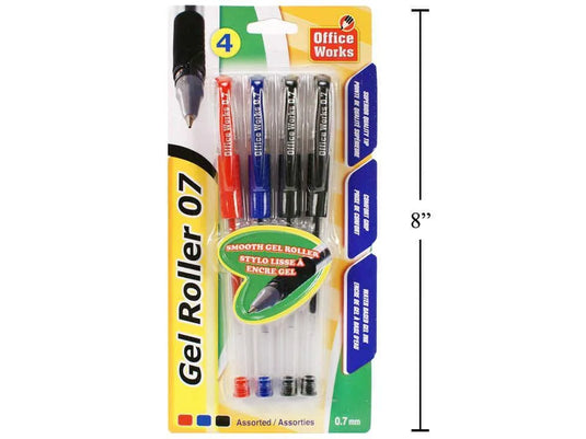 O.WKs. 4-pc. 0.7mm Gel Roller Ball Pen, Blue, Black & Red