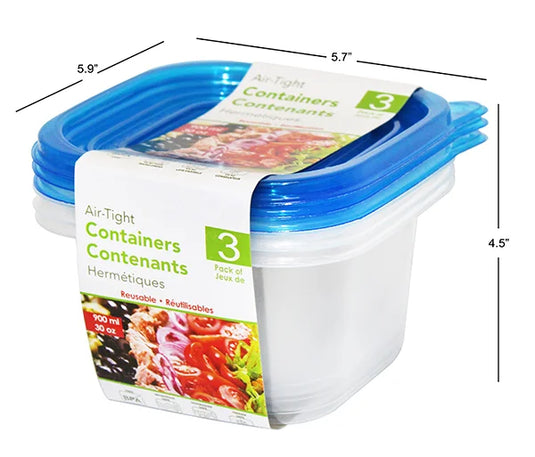 DEEP PLASTIC CONTAINER 3PK 900ml, 5.9x5.7x4.5