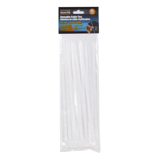 H.E. Master Pro, Reusable Cable Tie 15-PC, 8mmx11.8", White