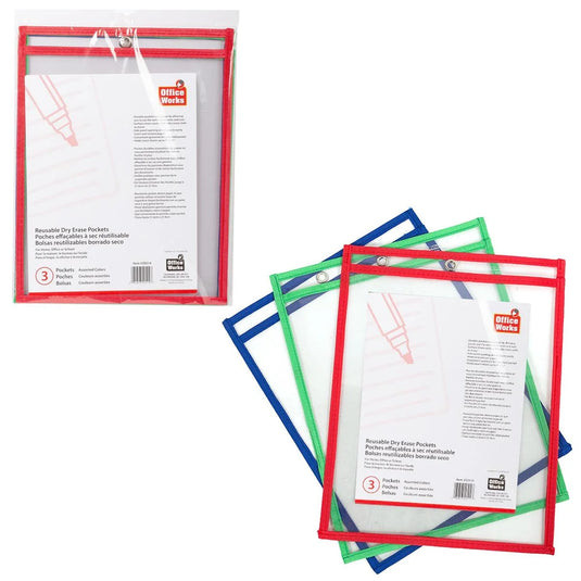 O.WKs 3pk Dry Erase Pockets Reusable , Opp bag, multi colours.