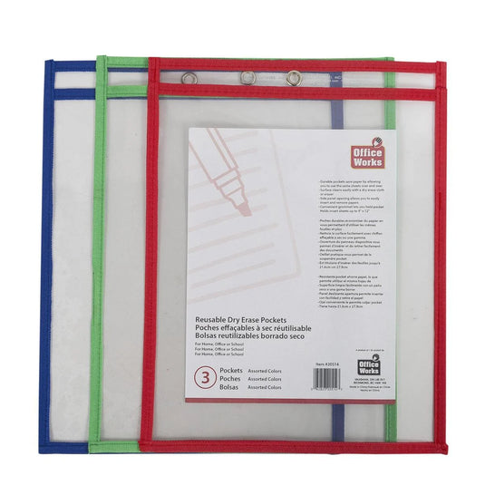 O.WKs 3pk Dry Erase Pockets Reusable , Opp bag, multi colours.
