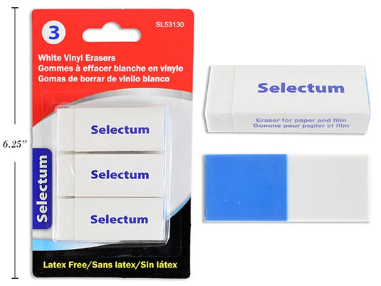 3 PK WHITE VINYL ERASERS BLISTER CARDED 6X2.5X2.1CM ( LATEX-FREE )