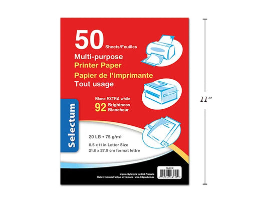 MULTI USE PRINTER PAPER 50/PK (11X8.5") 92 BRIGHT 75 GRAMS -20 LBS (PREMIUM QUALITY)