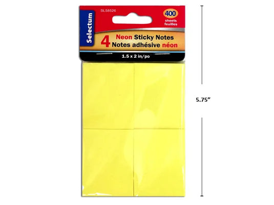 STICKY NOTES 1.5X2" YELLOW NEON ONLY X 4 PADS 400 TTL SHEETS