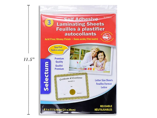 SELF-ADHESIVE LAMINATING SHEETS LETTER SIZE 3/PK ACID-FREE ( GLOSSY FINISH ) & REUSABLE- PREMIUM