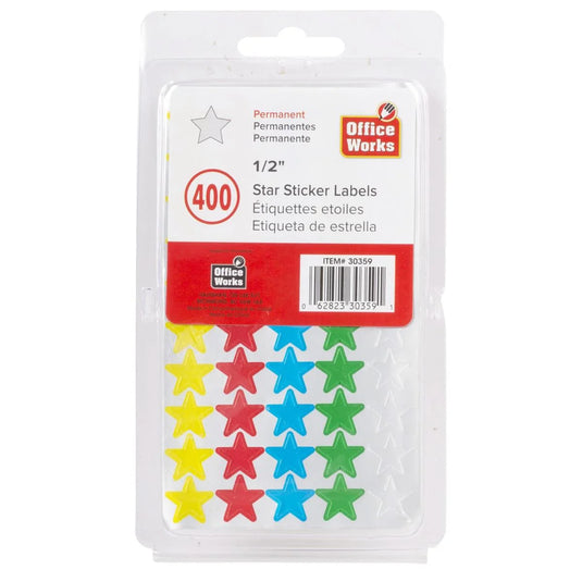 O.WKs. 1/2" Colour Star Labels, 400-pc., clam pack