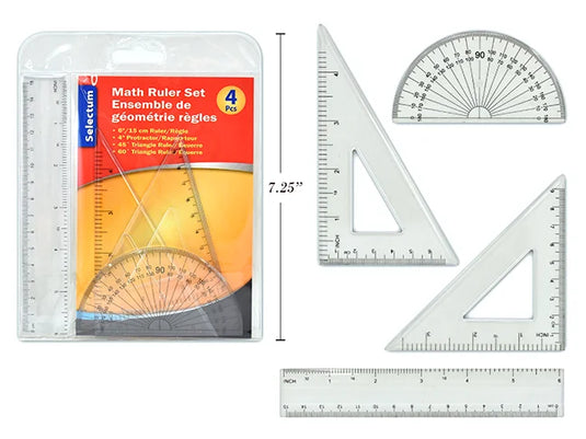 4 PC MATH RULER SET ( 6"/15CM PLASTIC RULER, 4" PROTRACTOR, 45 & 60 DEGREE TRIANGLE RULER )