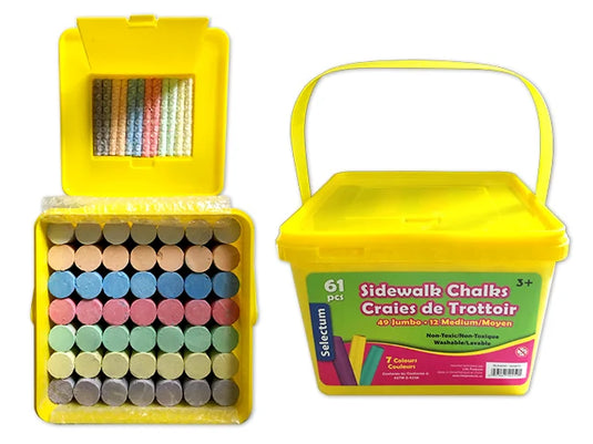 61 PC JUMBO SIDEWALK CHALKS W/TOP COMPARTMENT 49 JUMBO + 12 MEDIUM SIZE ( 7 COLOURS TOTAL )