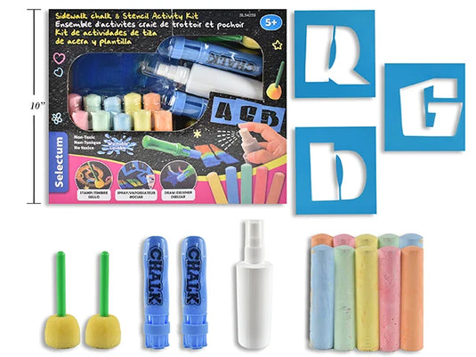 SIDEWALK CHALK & STENCIL ACTIVITY KIT 41PC SET/BOX 26 LETTERS, 10 JUMBO CHALKS, SPONGES, HOLDERS +