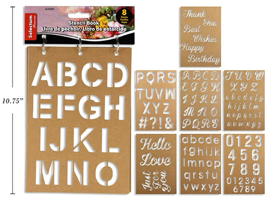 8 SHEET STENCIL BOOK ASST FONTS AND STYLES ( LETTERS *& NUMBERS )METAL RINGS ATTACHED TO CARD