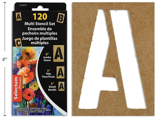 120 PCS MULTI STENCIL SET ASST SIZES 2",3" & 6" INCL. LETTERS, NUMBERS & ASST ABREVIATIONS