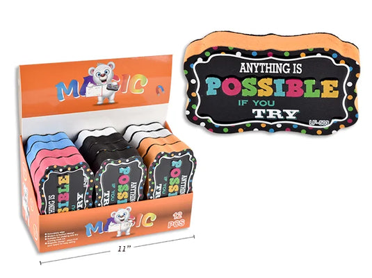 MAGNETIC WHITEBOARD ERASER " ANYTHING IS POSSIBLE IF YOU TRY" 10.5X7X2CM
