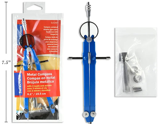 METAL COMPASS 15.5CM (6.1") WITH 3 LEADS + SCREWS IN ZIPPER POUCH ( BLUE COLOR ONLY )