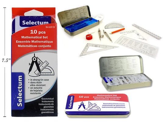 10 PC MATH SET IN METAL BOX + HANGING BOX SLEEVE