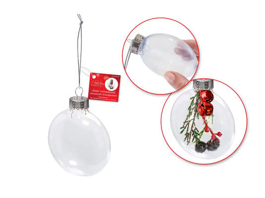 Seasonal Décor: 8cm DIY Plastic Flat Round Ornament w/Met Cap + Cord