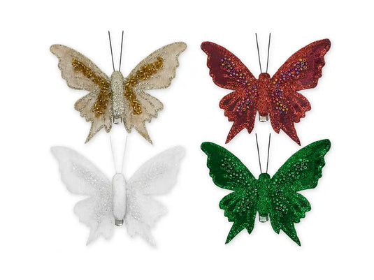 Holiday Decor: 3.6" Glitter Beaded Butterfly 2pc w/Clip Asst 2styles
