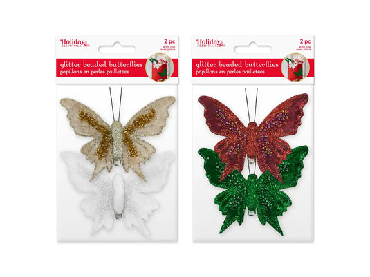 Holiday Decor: 3.6" Glitter Beaded Butterfly 2pc w/Clip Asst 2styles