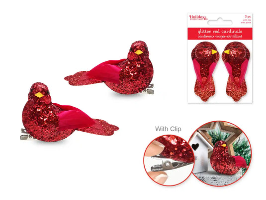 Holiday Decor: 3" Glitter Red Cardinals 2pc w/Gator Clip
