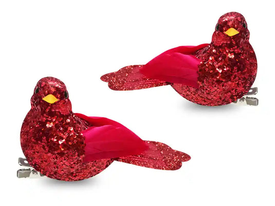 Holiday Decor: 3" Glitter Red Cardinals 2pc w/Gator Clip