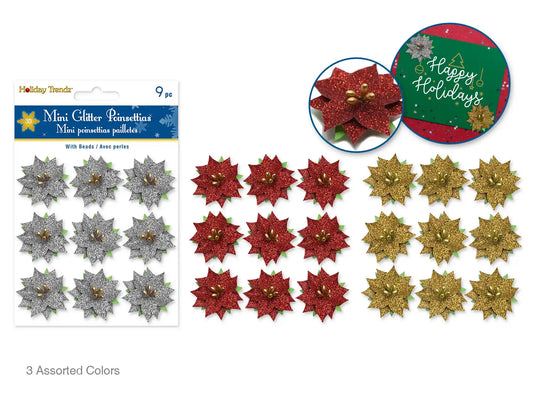 Holiday Trendz: 3cm Mini Glitter Poinsettia x9 w/Lvs+Stamens