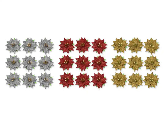 Holiday Trendz: 3cm Mini Glitter Poinsettia x9 w/Lvs+Stamens