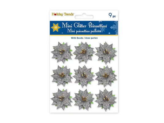 Holiday Trendz: 3cm Mini Glitter Poinsettia x9 w/Lvs+Stamens