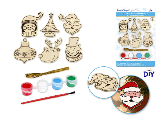 Seasonal Wonders: DIY Color-It Wood Ornaments w/Paint Pots+Brush+Cord A) Holiday Icons