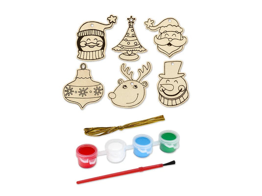 Seasonal Wonders: DIY Color-It Wood Ornaments w/Paint Pots+Brush+Cord A) Holiday Icons