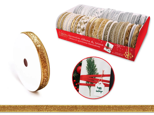 Holiday Ribbons/Trims: 3yds Adornments Asst x36 B) Gold + Silver