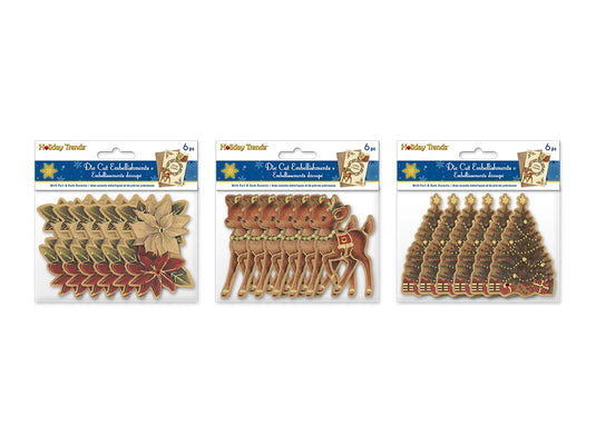 Holiday Emb: 3D Die Cuts 6pc w/Foil&Gem Accents Asst 12eax3styles A) Seasonal Icons