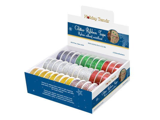 Holiday Craft Tape: 2.2cmx2m Glitter Ribbon Tape 36/PDQ 6styles