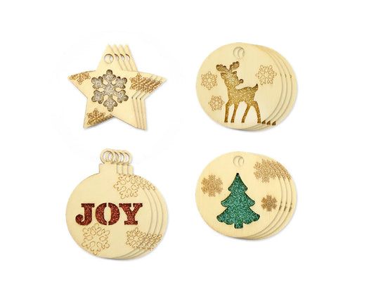 Holiday Wood: Laser-Cut Tags 4pc w/Glitter + Etching