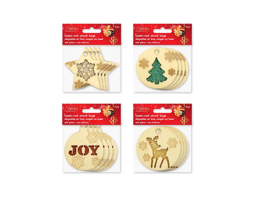 Holiday Wood: Laser-Cut Tags 4pc w/Glitter + Etching