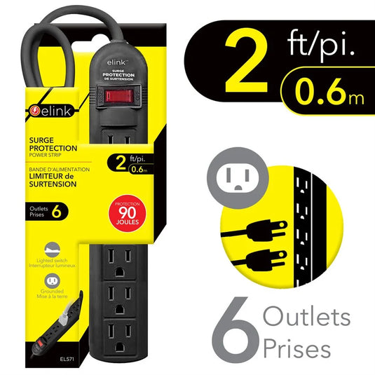 2 FT. 6-OUTLET POWER STRIP WITH SURGE PROTECTION, BLACK