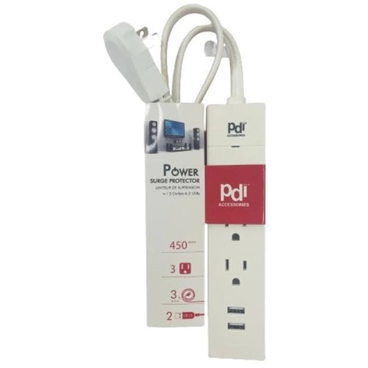 Power Surge Bar w/3 Outlet + 2 USB : 3 ft Cord grounded - 3 Prong Plug