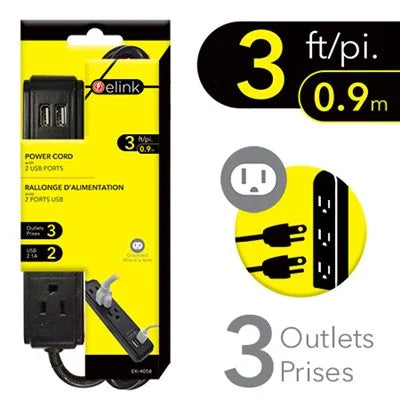 3 OUTLET POWER STRIP WITH 2 USB PORTS